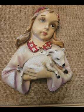 Decorative Girl with Lamb Ceramic Wall Sculpture in Cream and Pink